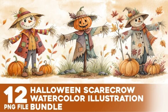 Download Halloween Scarecrow Watercolor Bundle - Scarecrow watercolor Collection