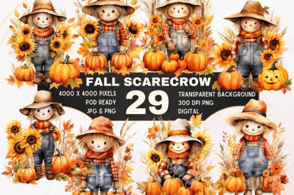 Download 29 Fall Scarecrow Watercolor Clipart Set - Scarecrow watercolor Collection