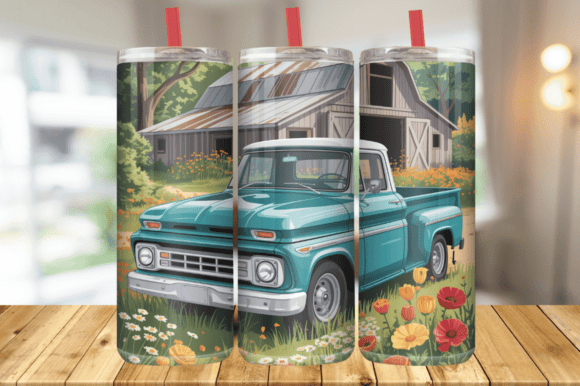 Download Old Truck Flower Meadow Tumbler Wrap PNG - Premium Bundle